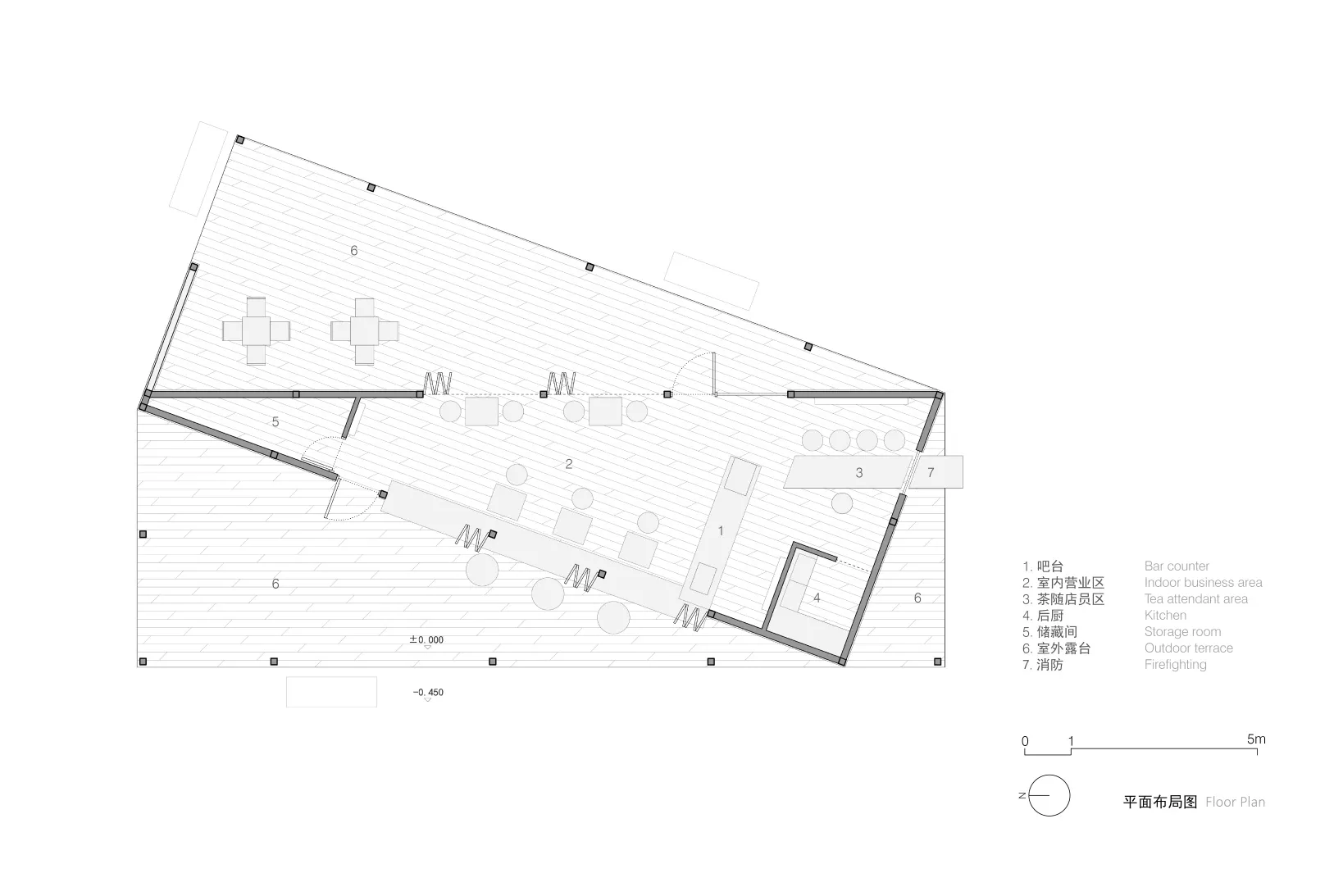 Floor plan diagram of a cafe interior with various functional zones and elements