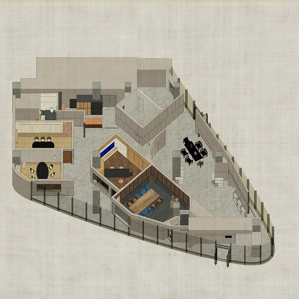 Floor plan of a modern office space with concrete walls, brown wooden accents, and metal fixtures.