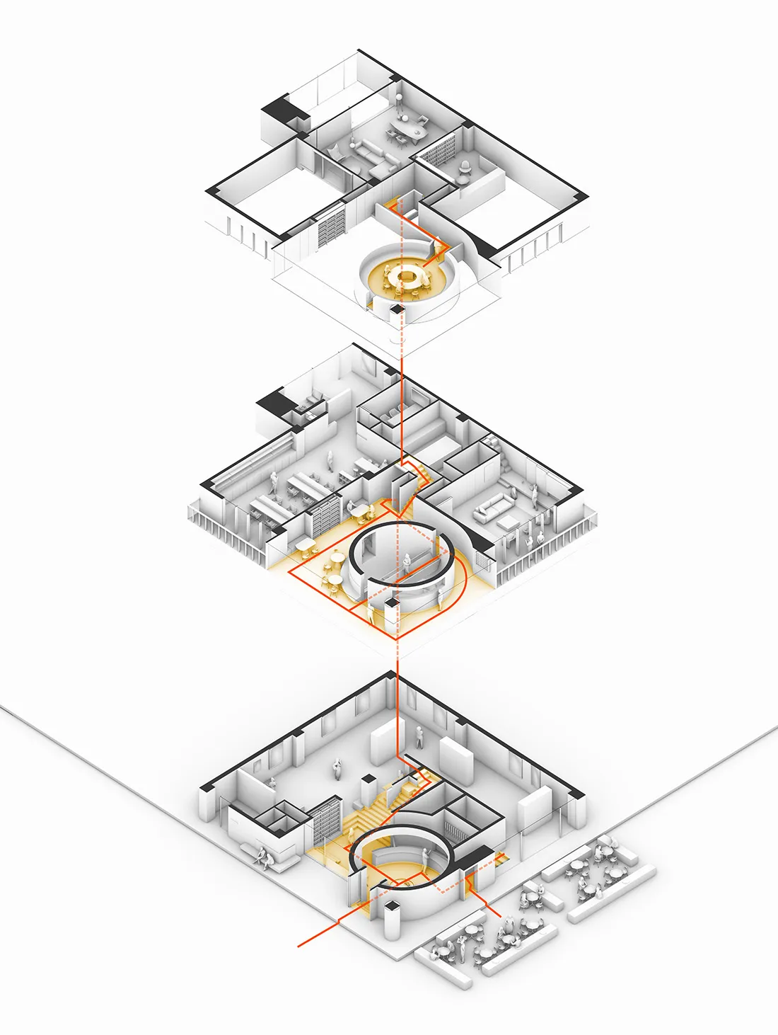 一張 3D 渲染的公寓，展示客廳、餐廳與臥室區域，採用混凝土與玻璃材質。