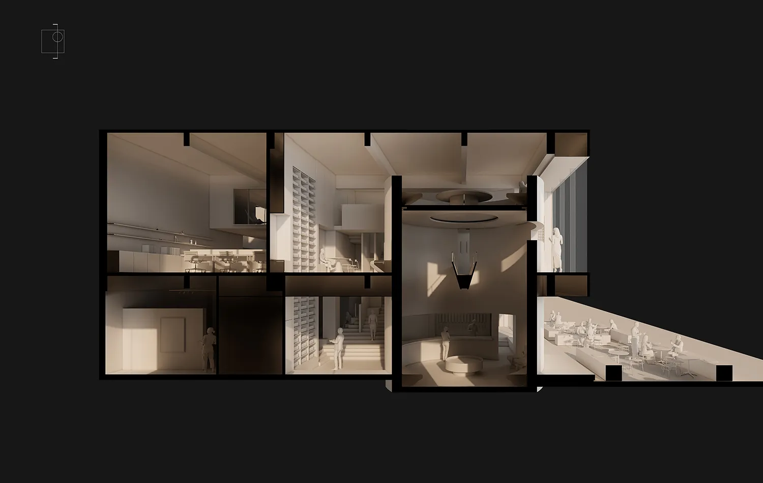 A cross-section rendering of a modern office space showing various functional zones and design elements.