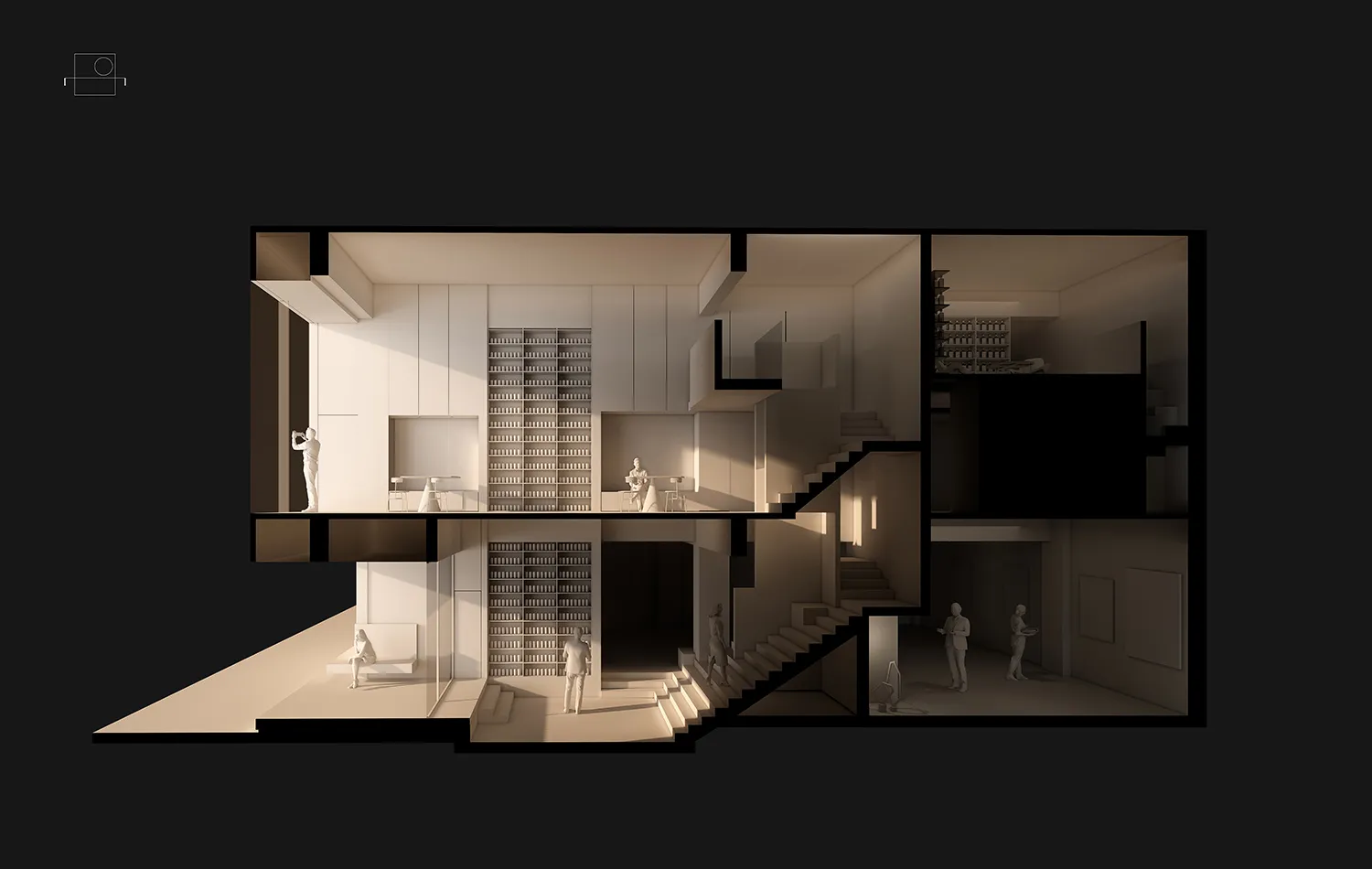 Cross-sectional view of a neutral-toned living room floor plan.