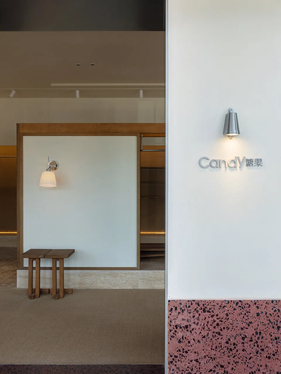 Concrete walls, wooden furniture, minimalist design, modern interior