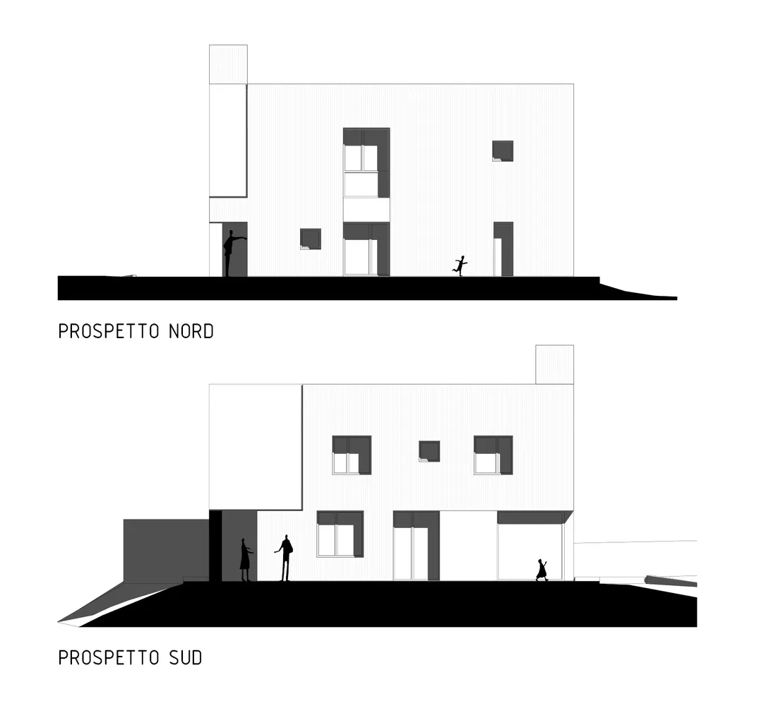 Line drawings of a modern house showing profile views of the north and south sides.