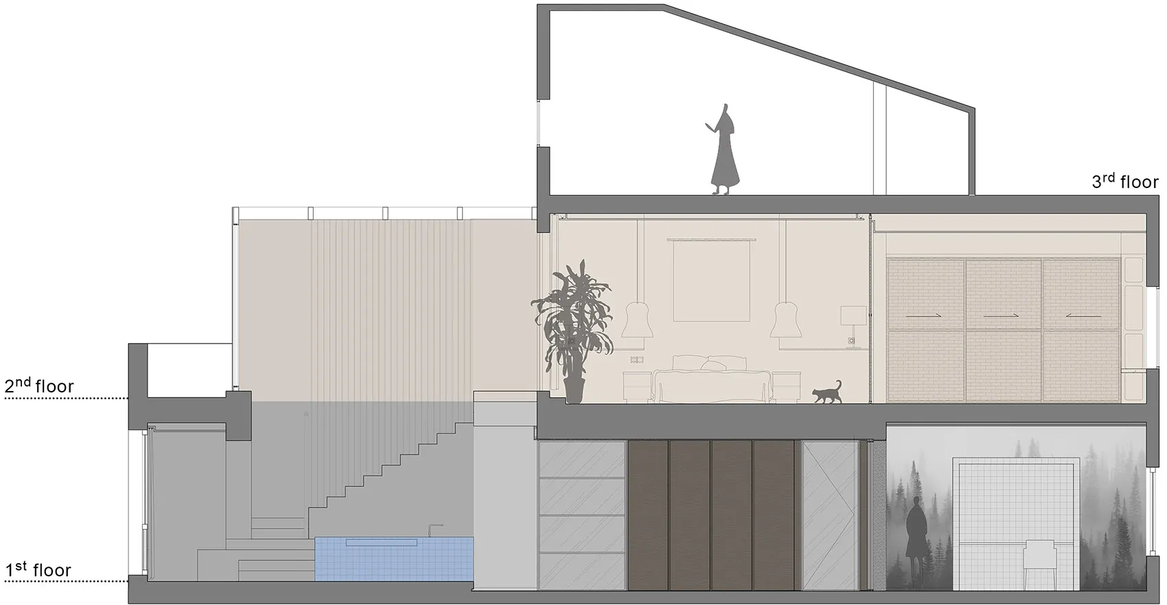 A modern minimalist residential floor plan depicting the interior layout of a contemporary house with wooden features, glass