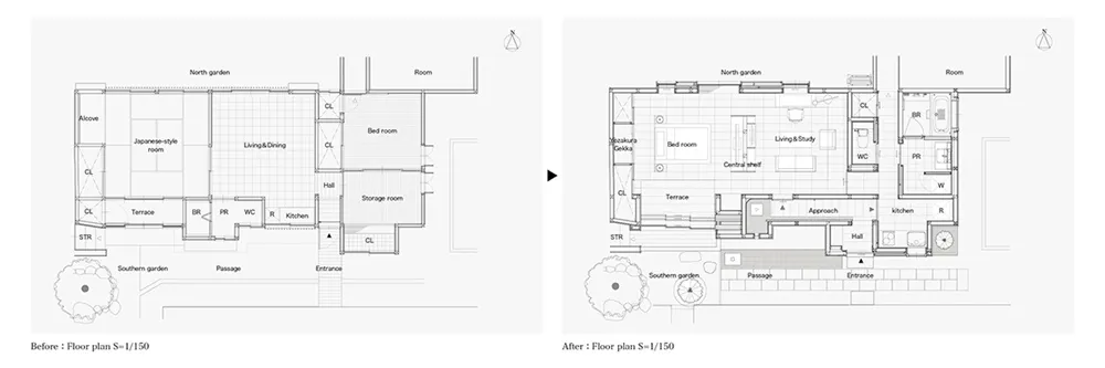 A floor plan comparison showing before and after renovations of a residential space.
