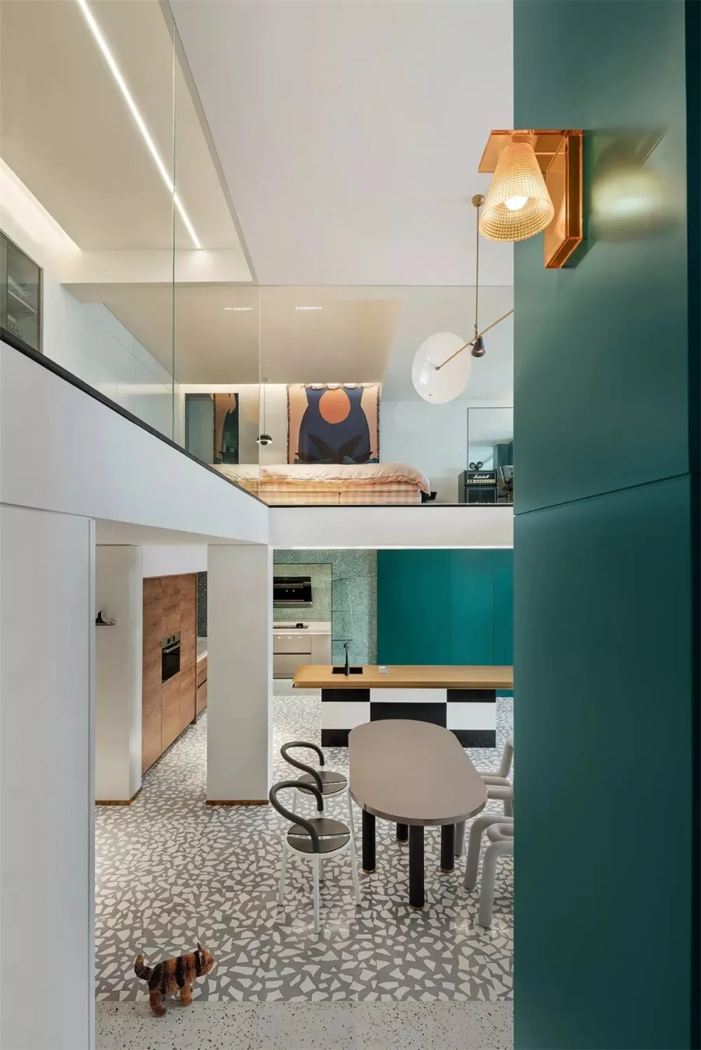 Modern living room with a loft bed and a terrazzo floor.