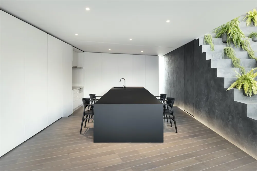 Modern minimalist kitchen with black quartzite countertop and wood flooring.