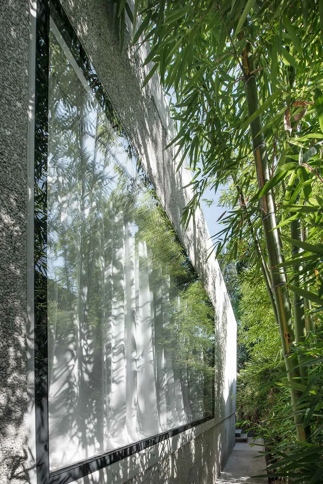 A modern architectural stone wall reflecting surrounding greenery and trees.