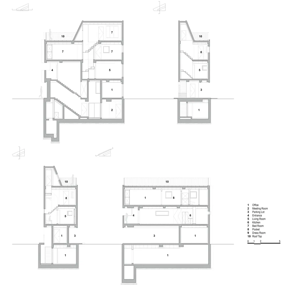 現代住宅聯排別墅的詳細建築平面圖,展示一樓的空間配置。