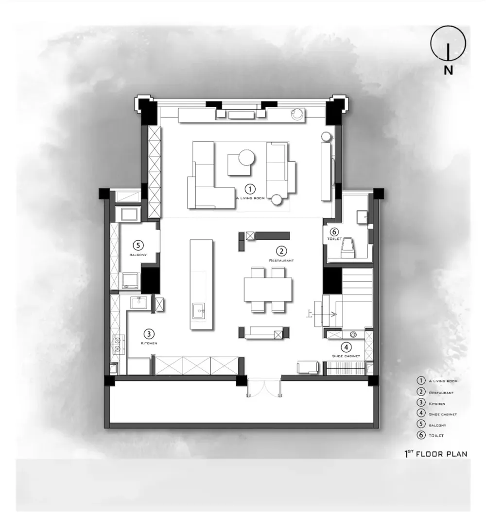 Modern living room layout with a living area, a kitchen, a balcony, a bathroom, and a restaurant.