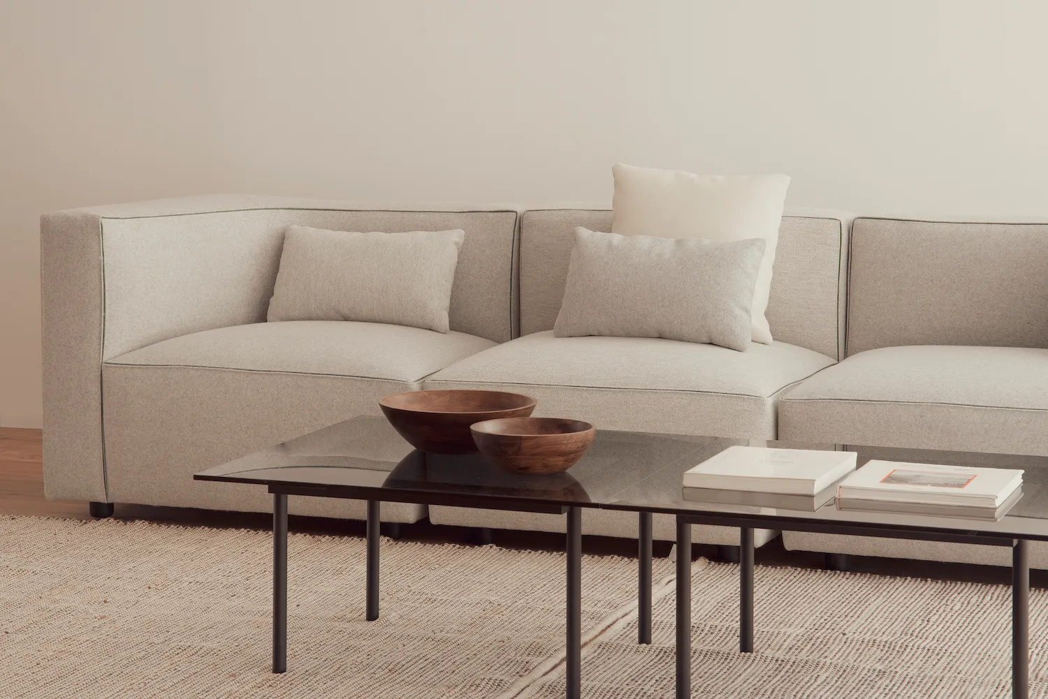 A contemporary living room featuring a comfortable sectional sofa with textured fabric upholstery, a sleek coffee table, and