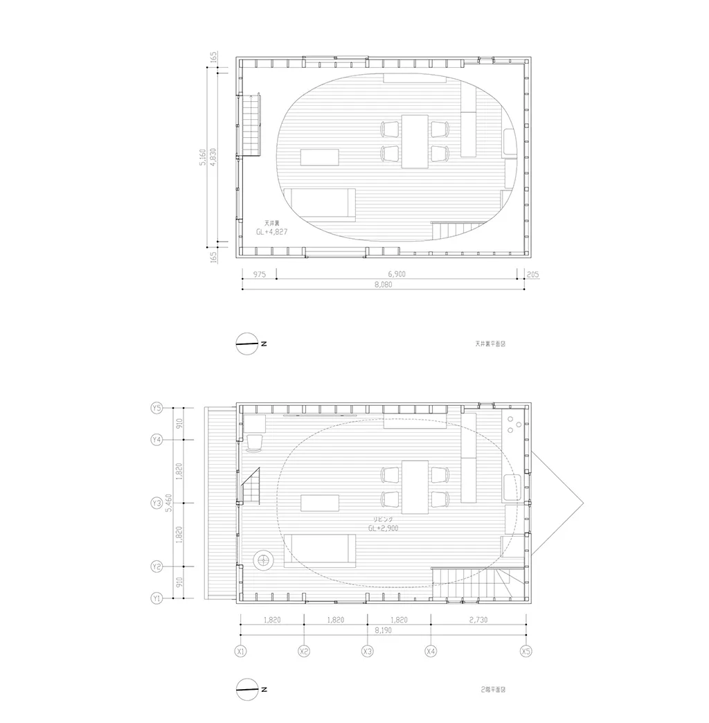 A detailed architectural floor plan of a modern house with structural lines and dimensions.