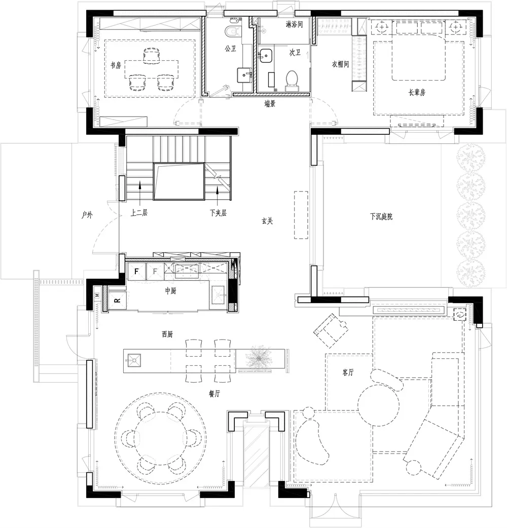 Floor plan of a modern residential interior design with a living room, kitchen, bedrooms, and bathrooms.