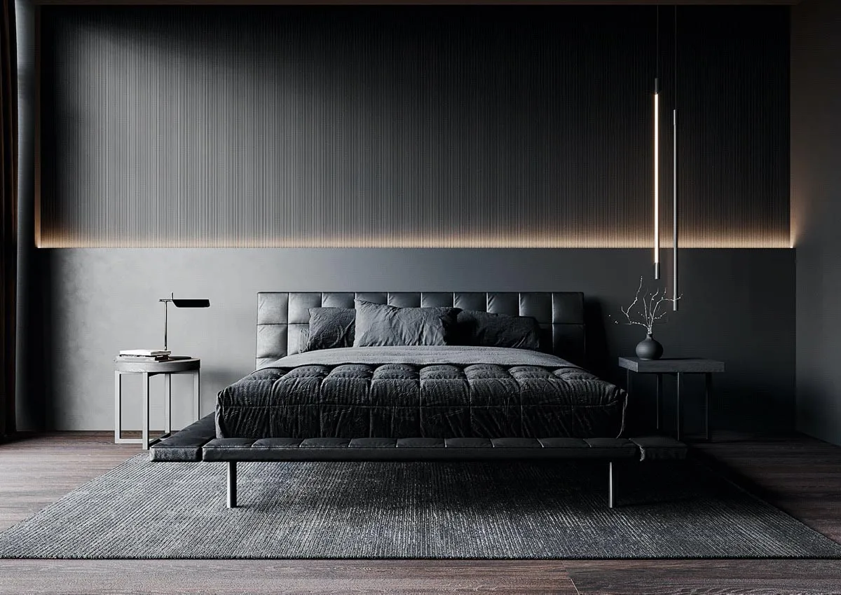 A modern bedroom featuring a black upholstered bed with textured fabric, minimalistic decor, and ambient lighting.