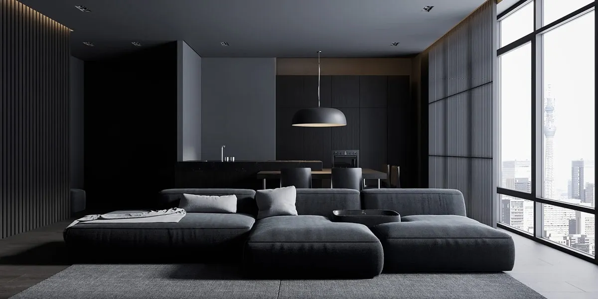 A modern living room with dark furnishings and a city view.