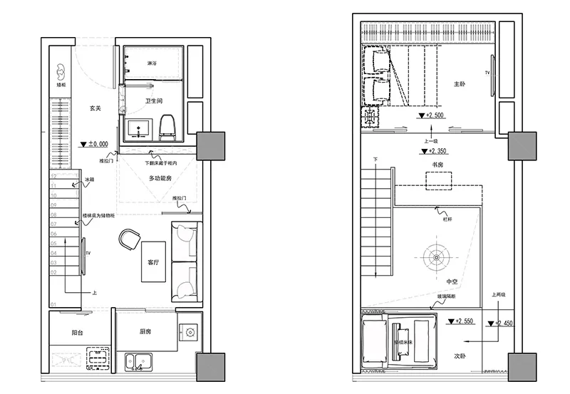 現代室內設計的詳細建築平面圖,展示廚房、客廳與衛浴。