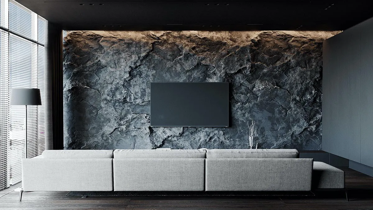 Modern living room with stone accent wall and minimalist decor