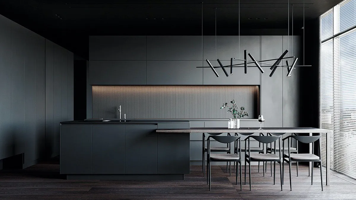 Modern minimalist kitchen featuring dark wood cabinets and a sleek, modern design.