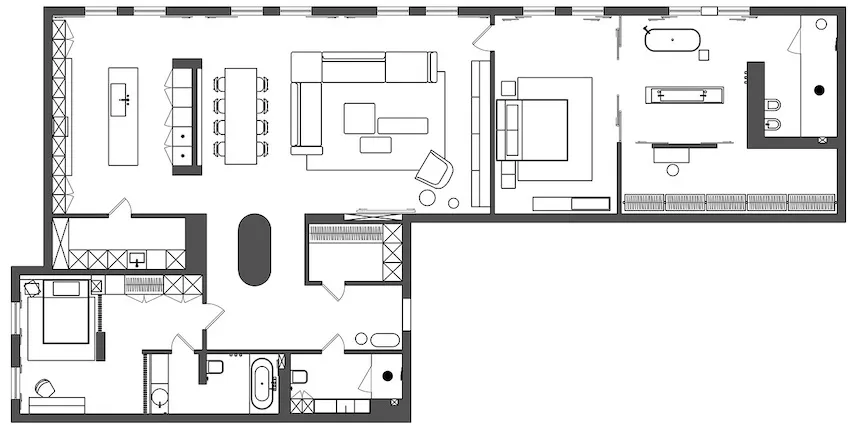A detailed floor plan of a modern residential interior