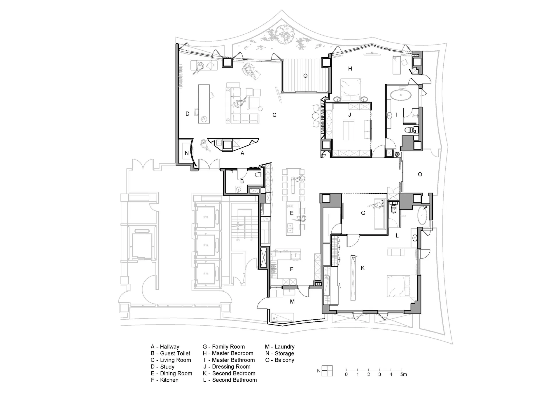 一張現代住宅的建築平面圖，展示客廳空間、臥室、衛浴及儲藏區域。