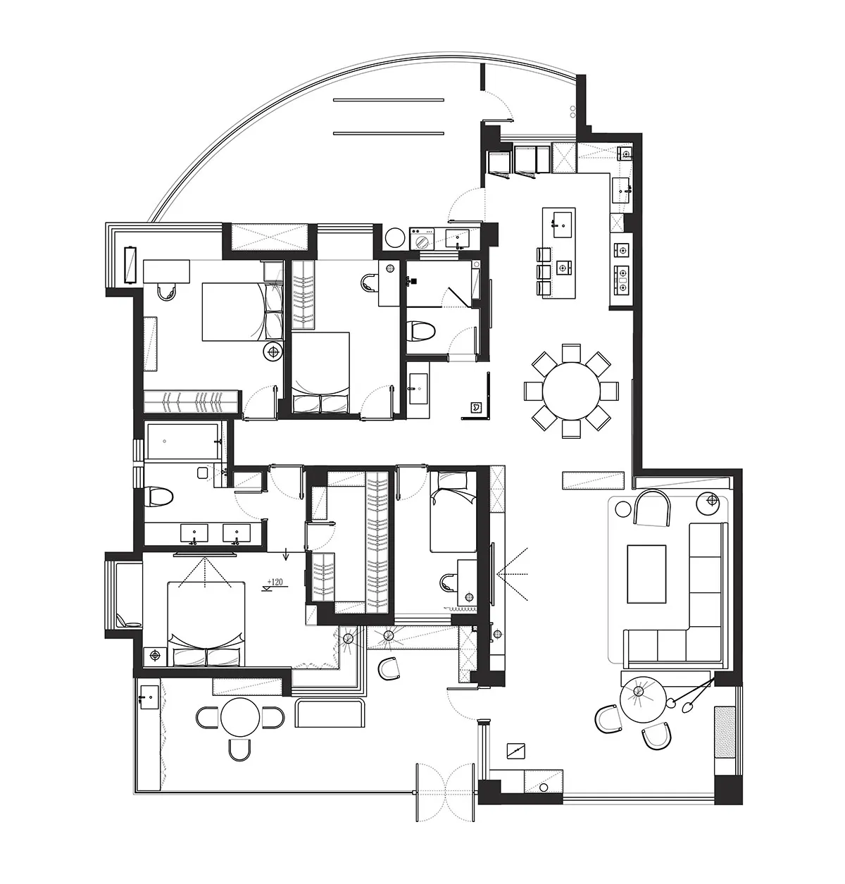 Modern apartment layout with open living space, kitchen, bedrooms, and bathrooms.