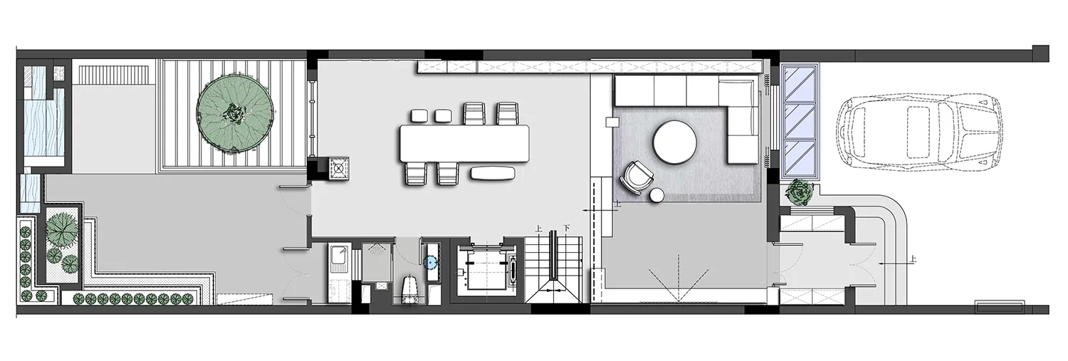 Floor plan of a modern residential living space with a concrete floor.