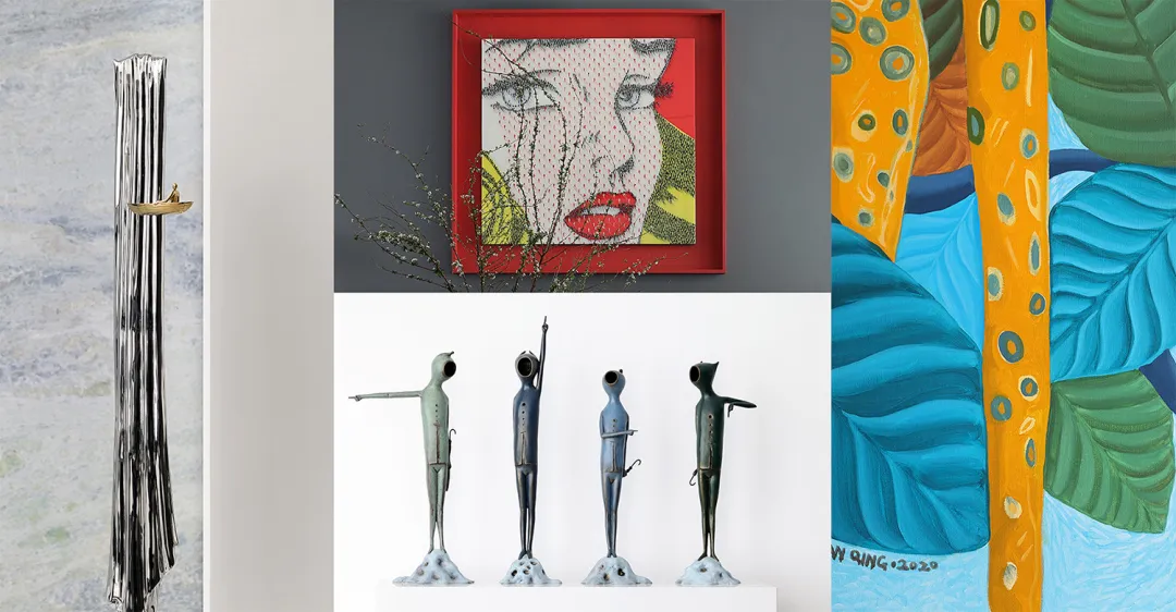 A modern interior decor setting featuring metal sculptures and glass artwork.