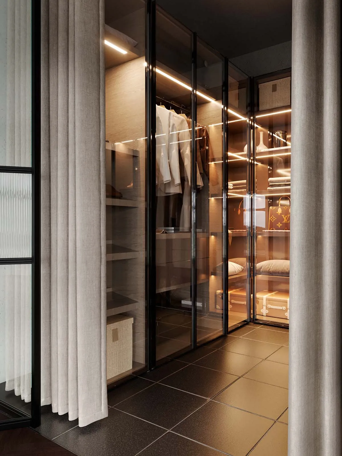 Modern minimalist wardrobe featuring glass doors and LED lighting.