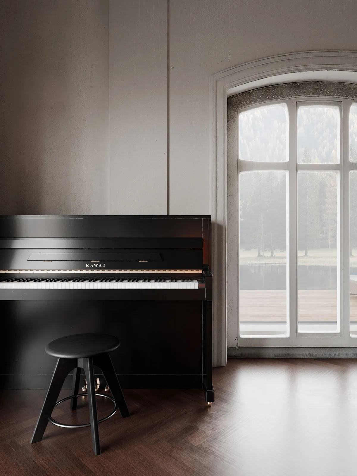 A minimalist music room featuring a black piano and stool on a wooden floor, with an arched window overlooking a serene lake.