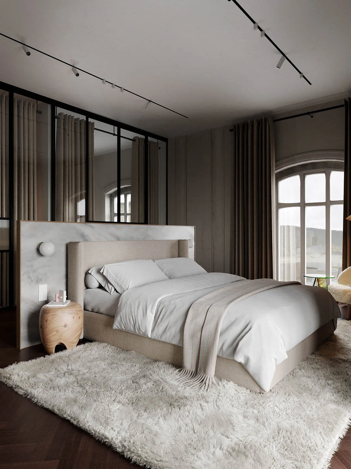 A minimalist bedroom with vibrant colors, featuring a bed, white details, and a large window.