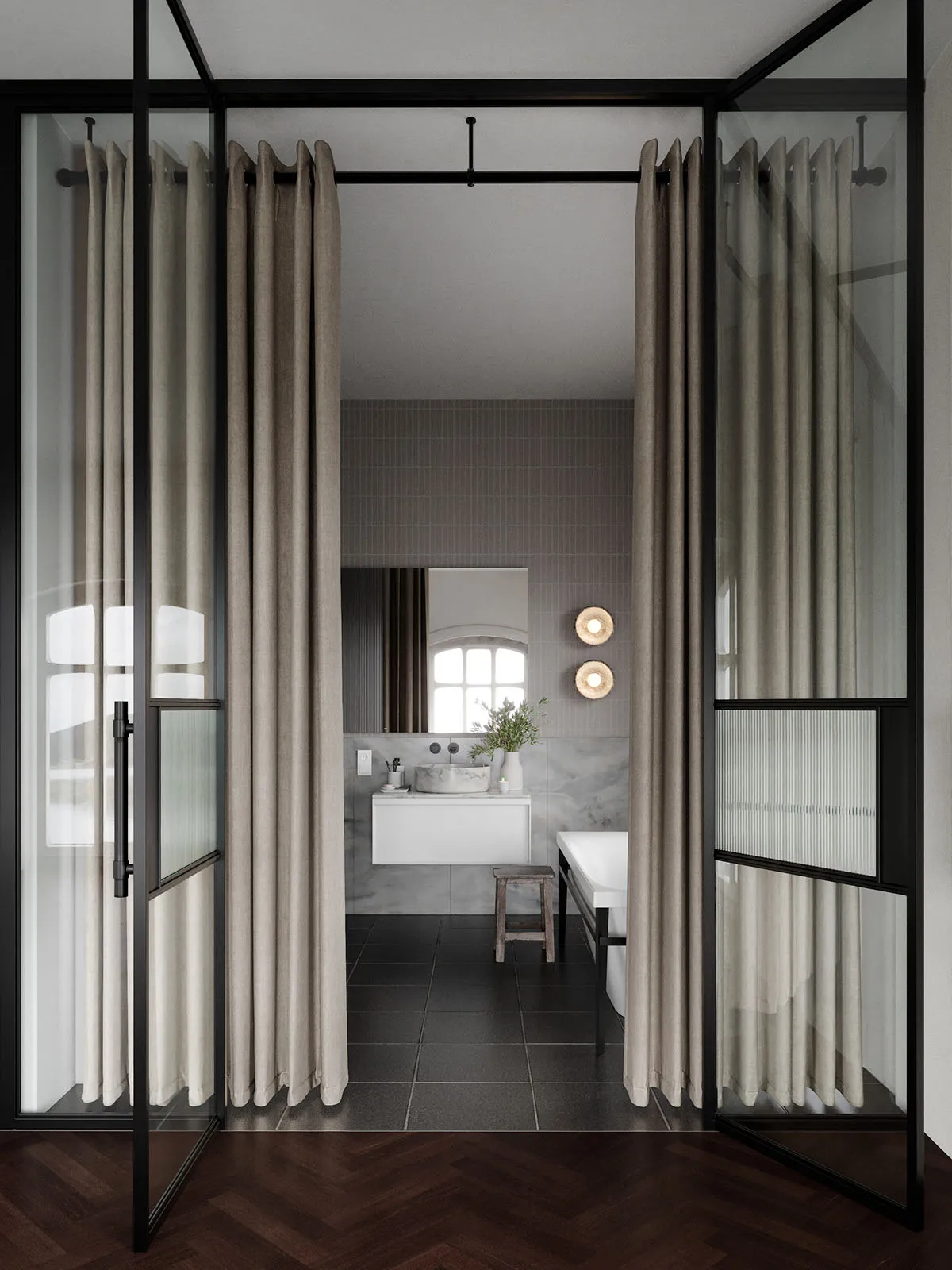 Modern bathroom with glass and marble finishes