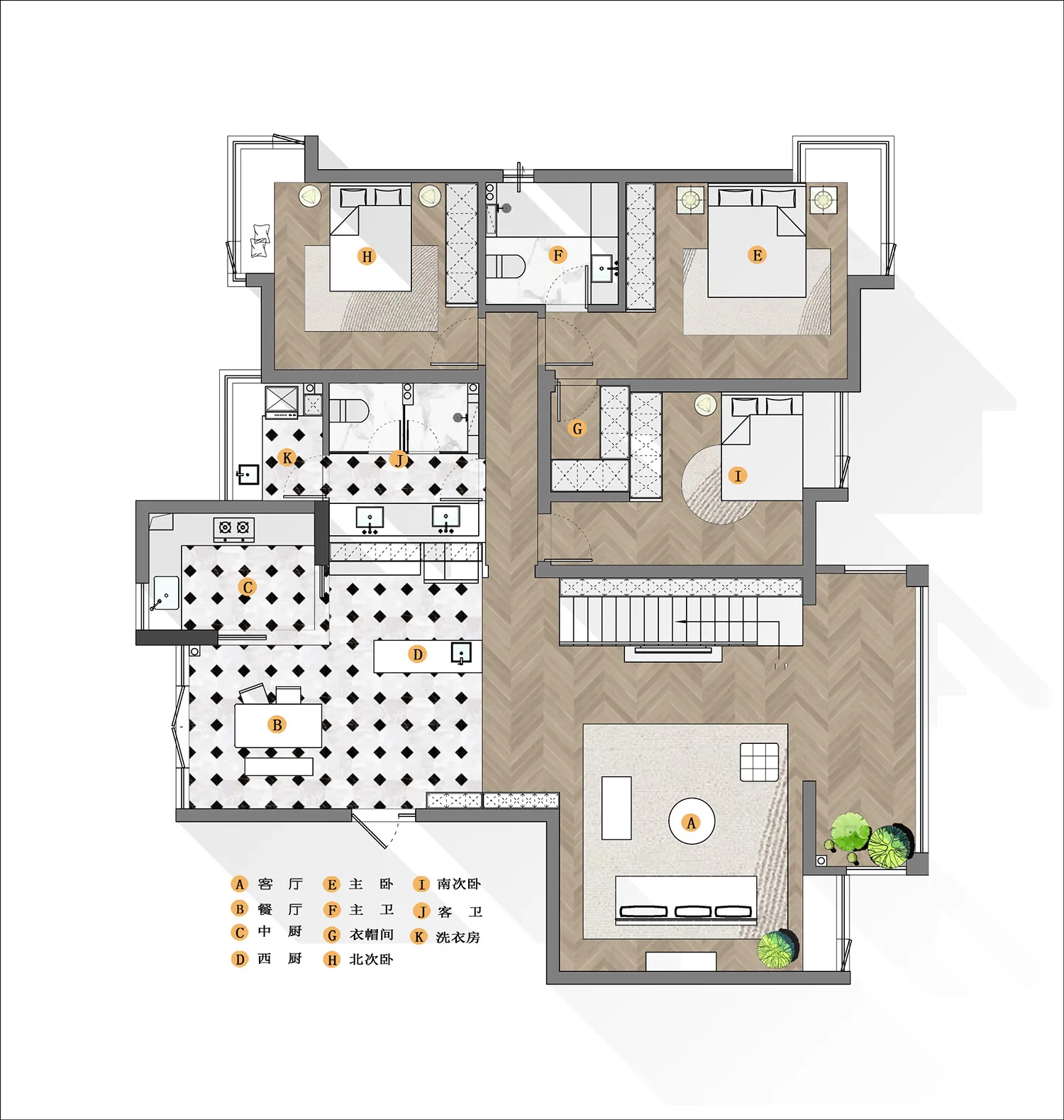 A detailed architectural floor plan of a modern house featuring wooden flooring.