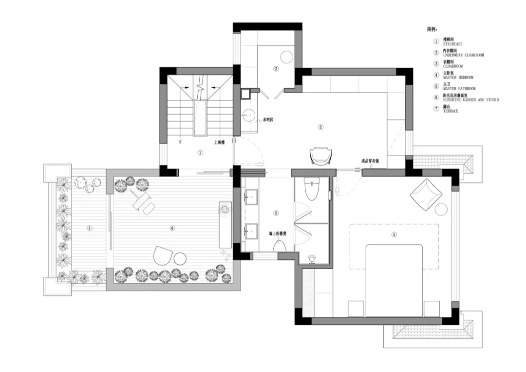 Floor plan of a modern interior design scheme in grey scale, featuring open-plan living spaces and contemporary furniture.