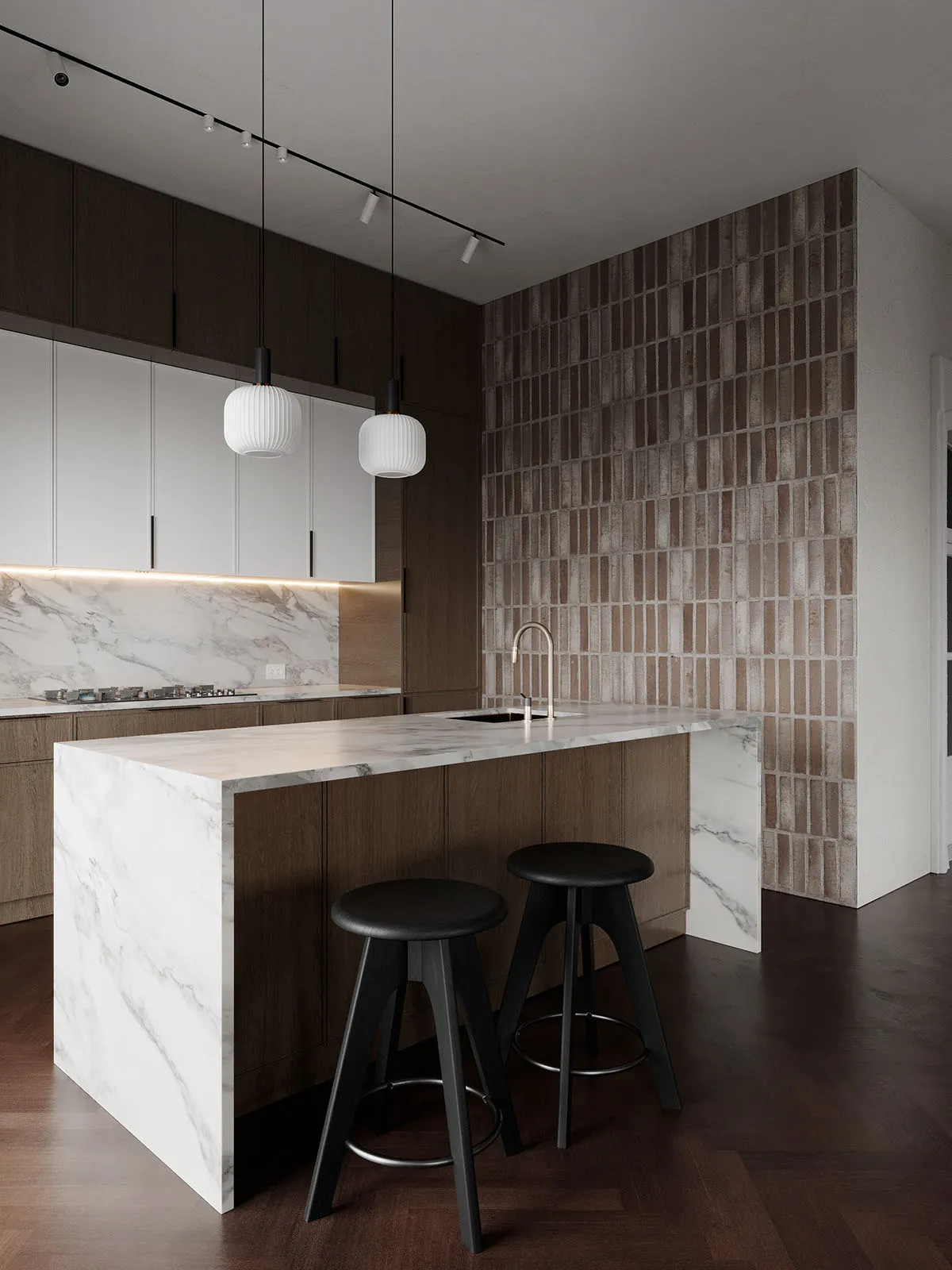 Modern kitchen with marble countertops and dark wooden cabinets.