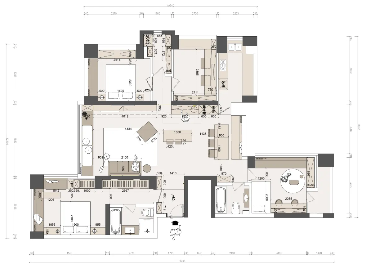 A modern living space with a tile floor plan.