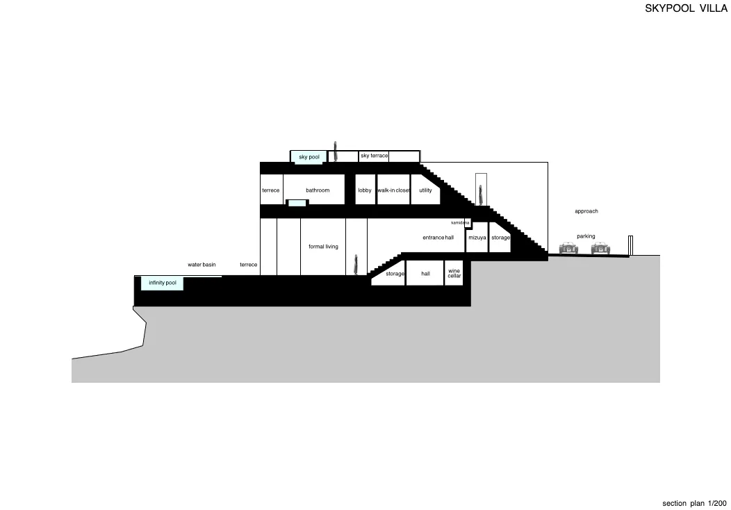 Sectional architectural plan of a sky-pool villa with various rooms and amenities indicated.