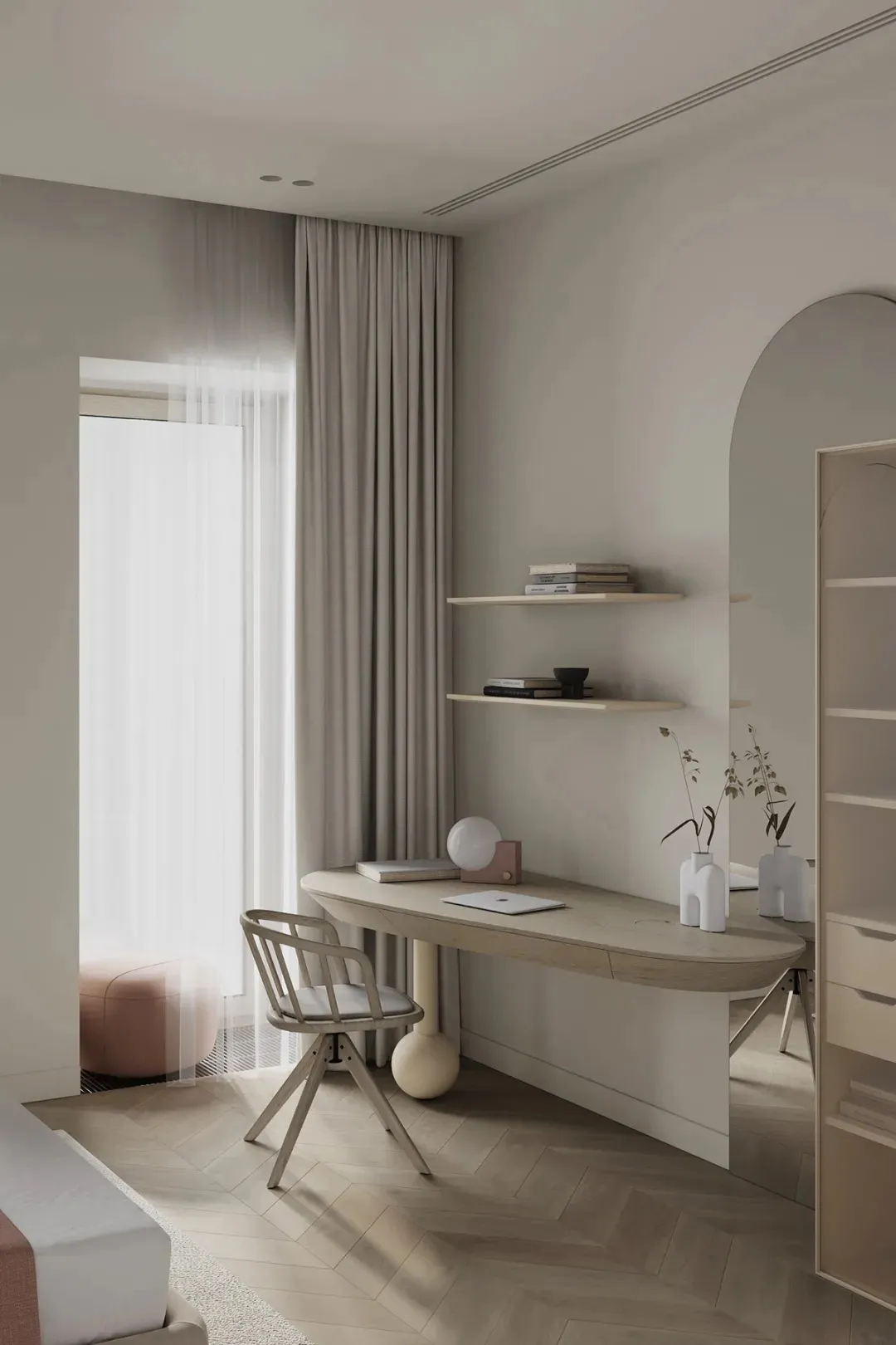 A minimalist home office with a wooden desk, light-colored stone countertop, and floor-to-ceiling curtains by a large window.