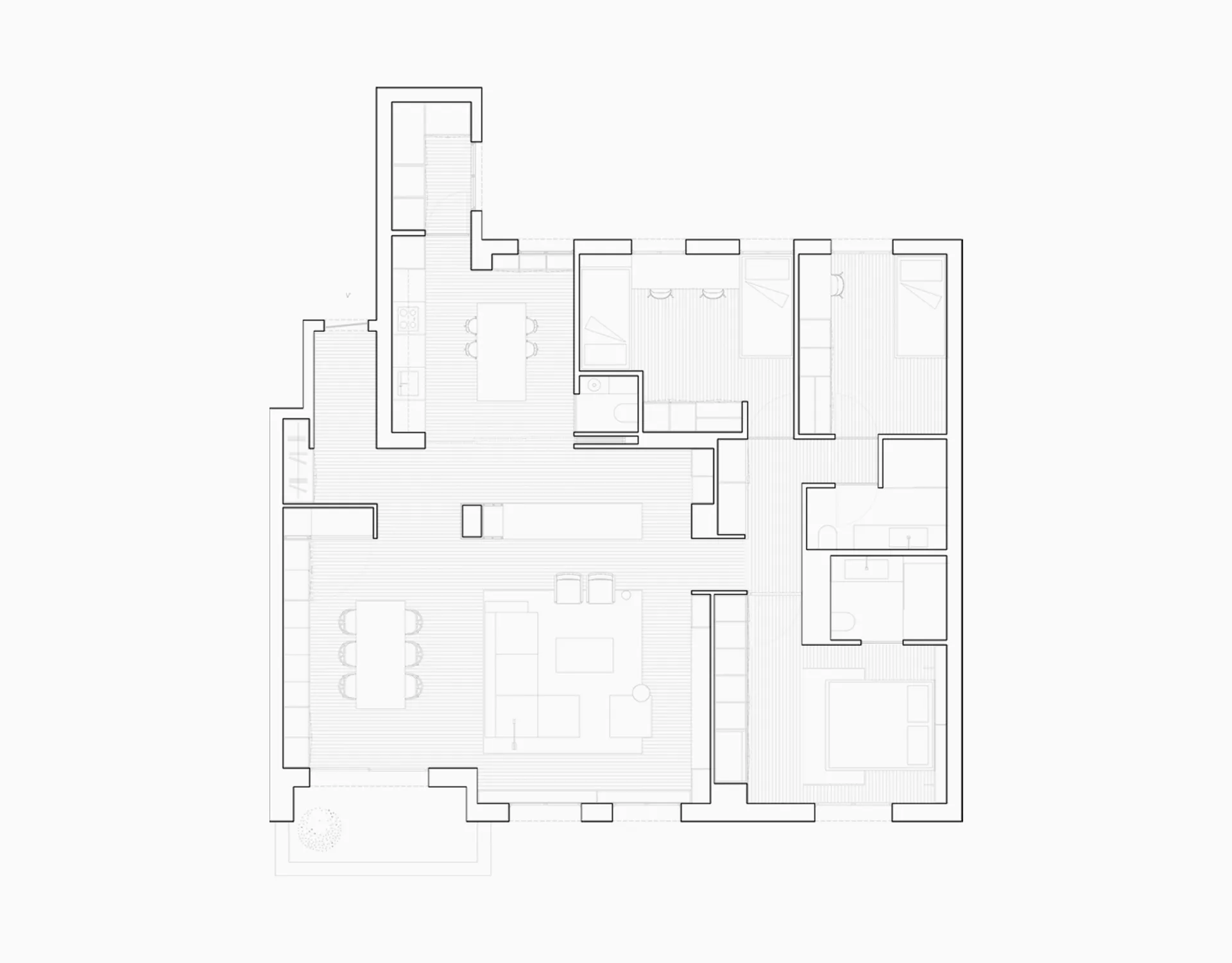 一張詳細的2D建築平面圖，展示現代公寓的三間臥室與多個起居空間配置。