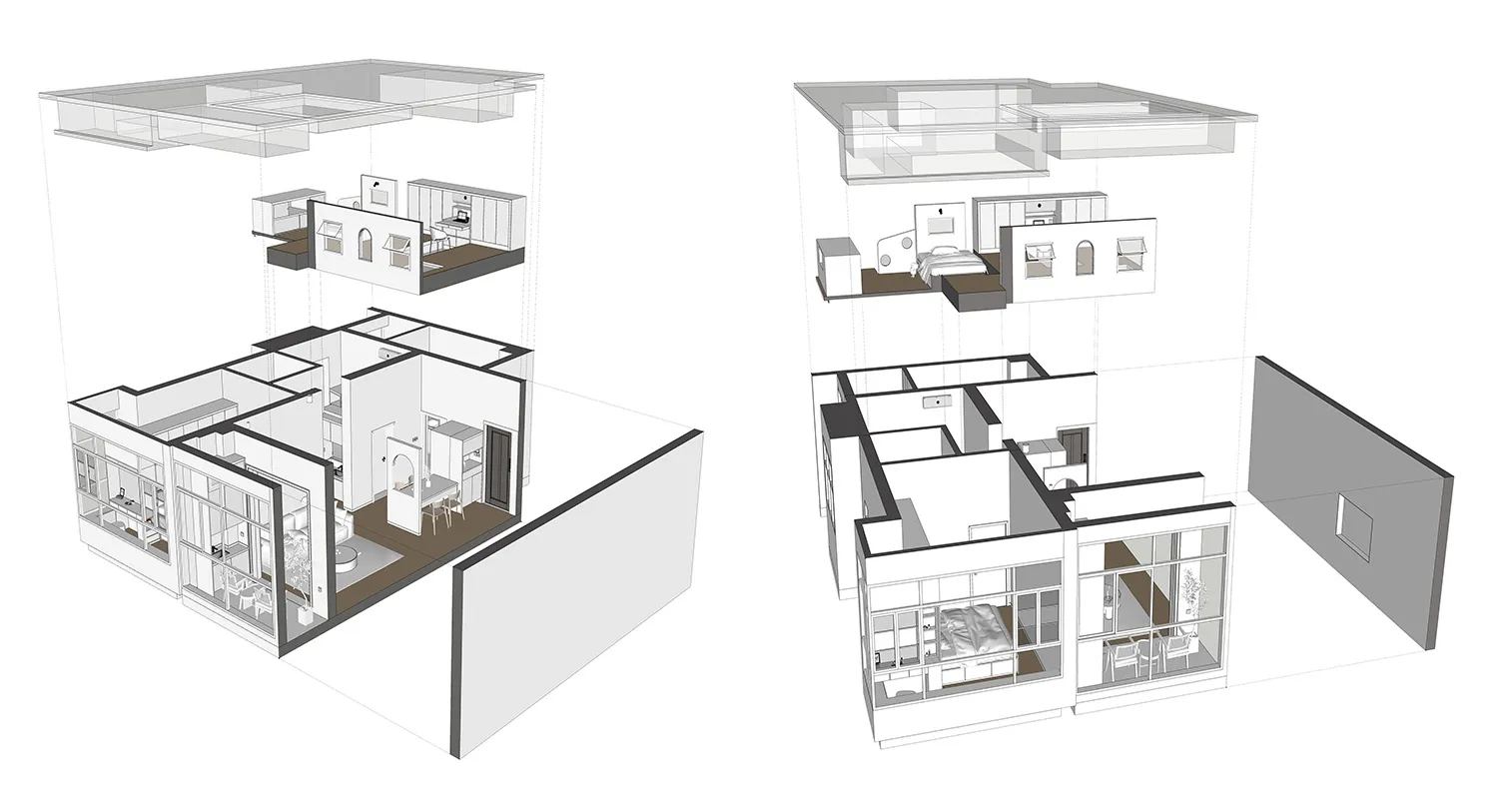 Illustration of a modern interior design featuring a concrete floor plan.