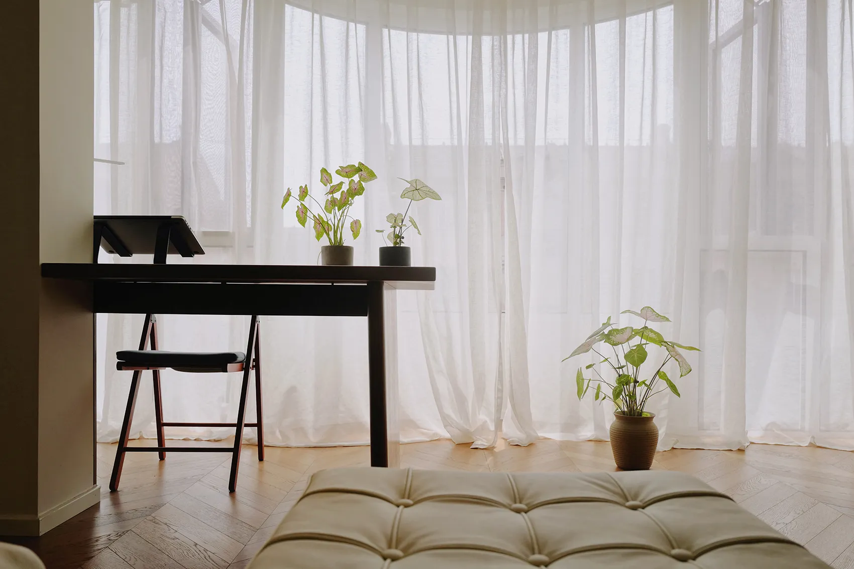 A cozy home office featuring a desk, chair, and potted plants under white curtains.