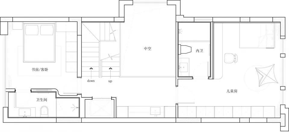 2D architectural plan of a modern house's ground floor, showing interior design elements such as bedrooms, bathrooms, and a b
