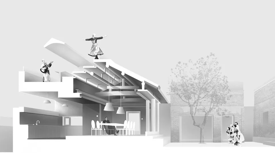 Modern interior design featuring open-plan living, metal beams, glass walls, and concrete finishes.