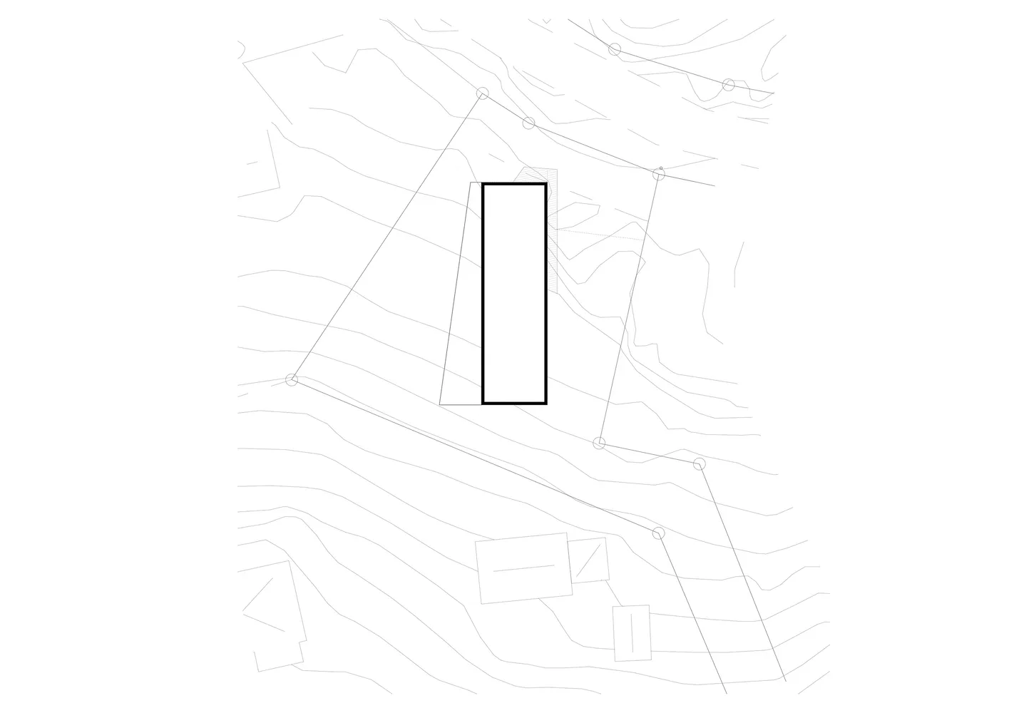 A black and white architectural plan showing a rectangular plot on a detailed map.