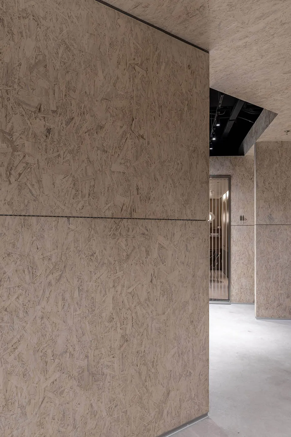 Modern office interior with OSB board paneling on the walls and ceiling.
