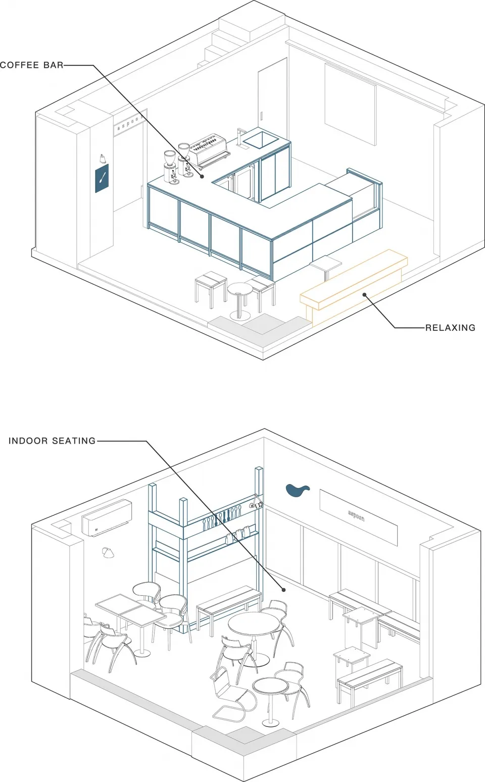咖啡店詳細建築平面圖,包含休憩區、咖啡吧台與室內座位區。