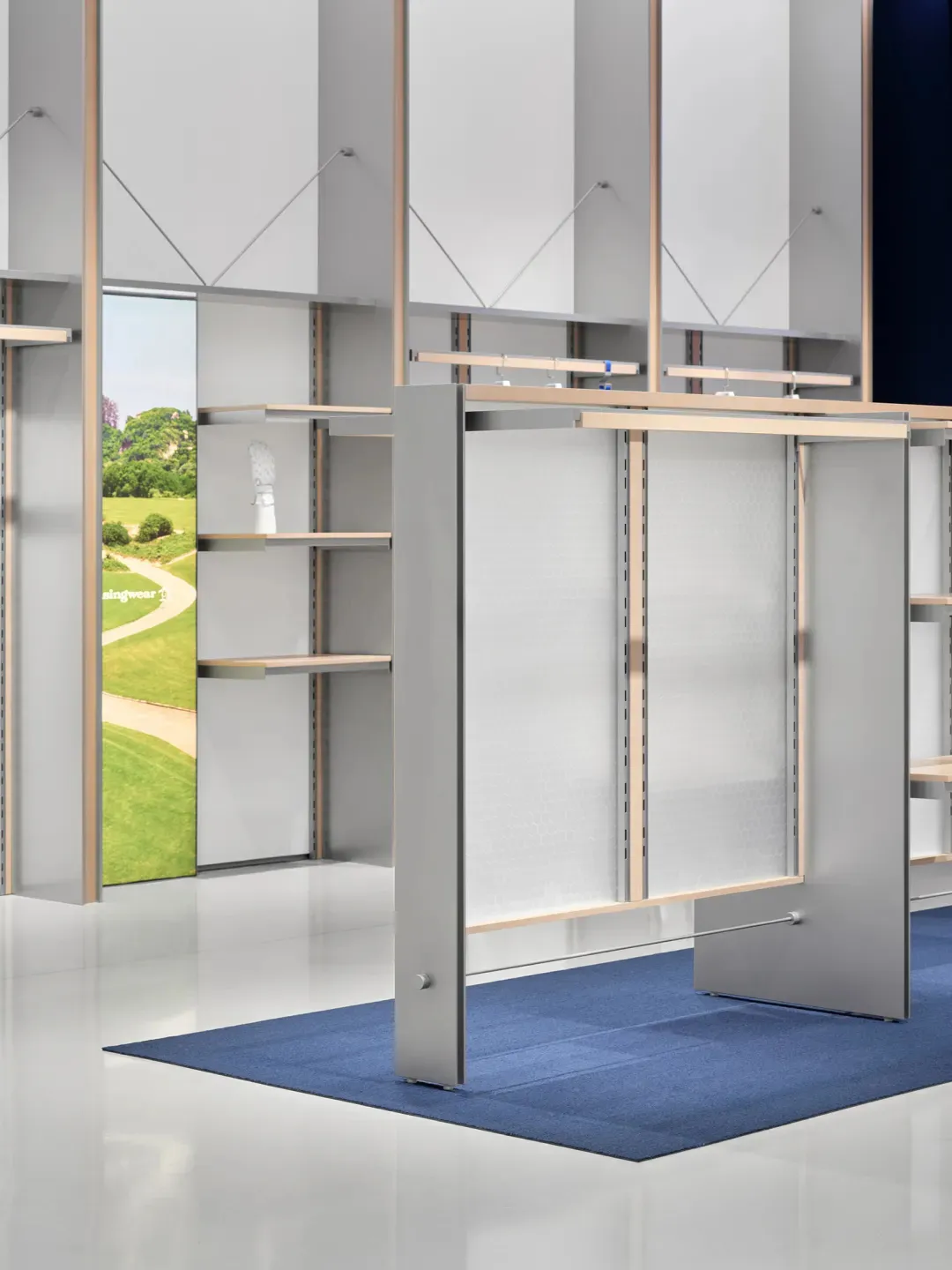 Interior design showroom with glass doors and cabinets on display, clean and organized atmosphere