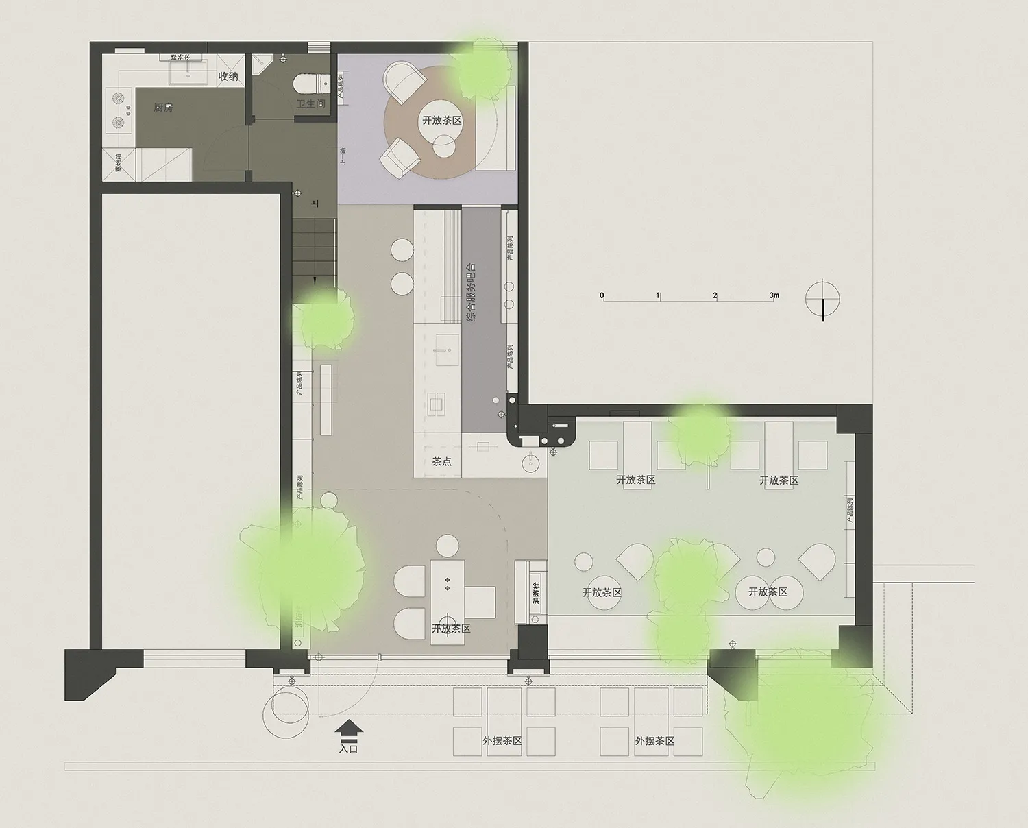 2D floor plan of a modern open-plan living space with dining and kitchen areas, featuring chairs and dining tables, and labeled measurements and symbols