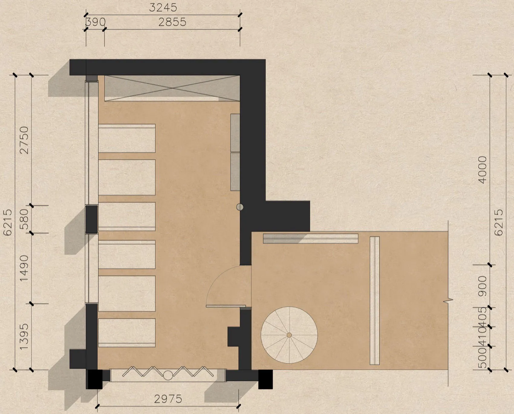 2D floor plan of a house with labeled rooms and spaces, including a kitchen, living room, bedroom, and bathroom