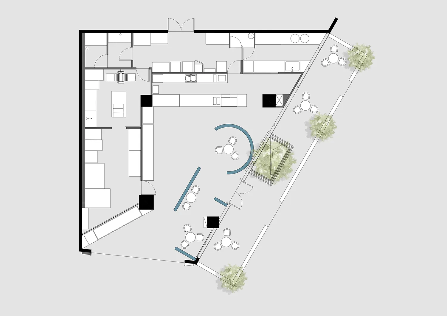 A modern open space with seating areas, dining tables, and a comfortable atmosphere