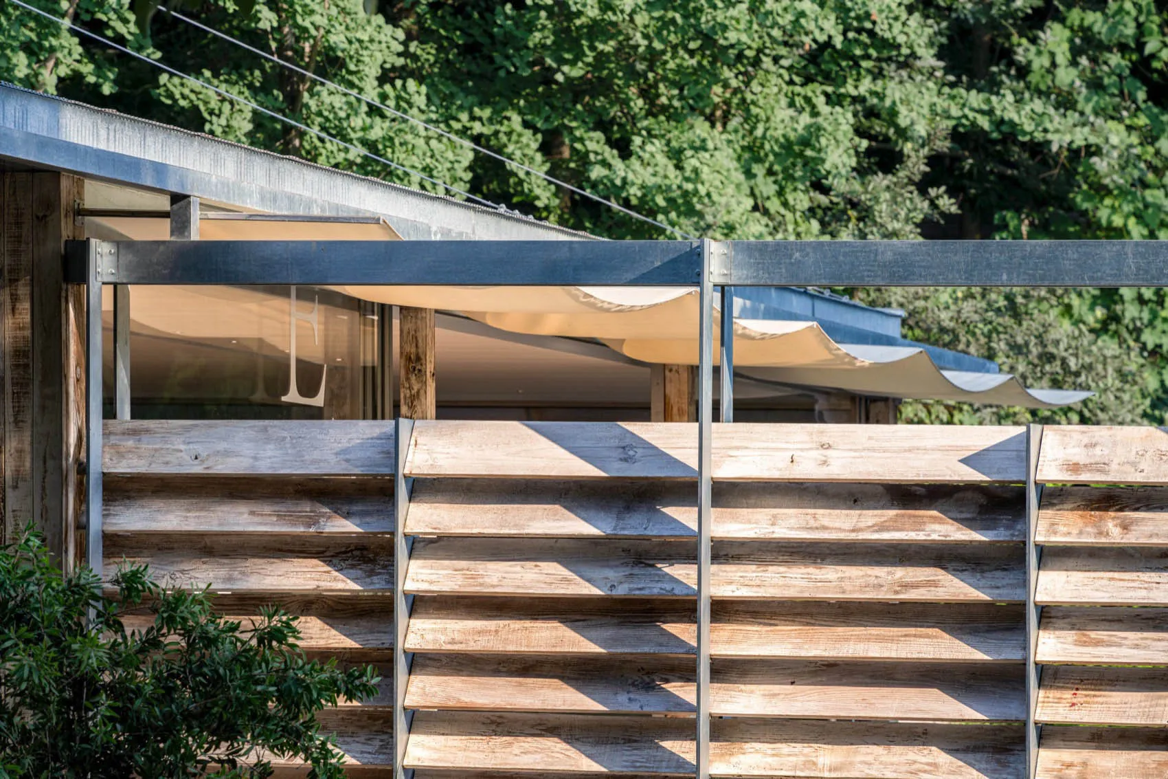 Modern house with wooden walls, metal roof, large window, smaller windows, and clean lines